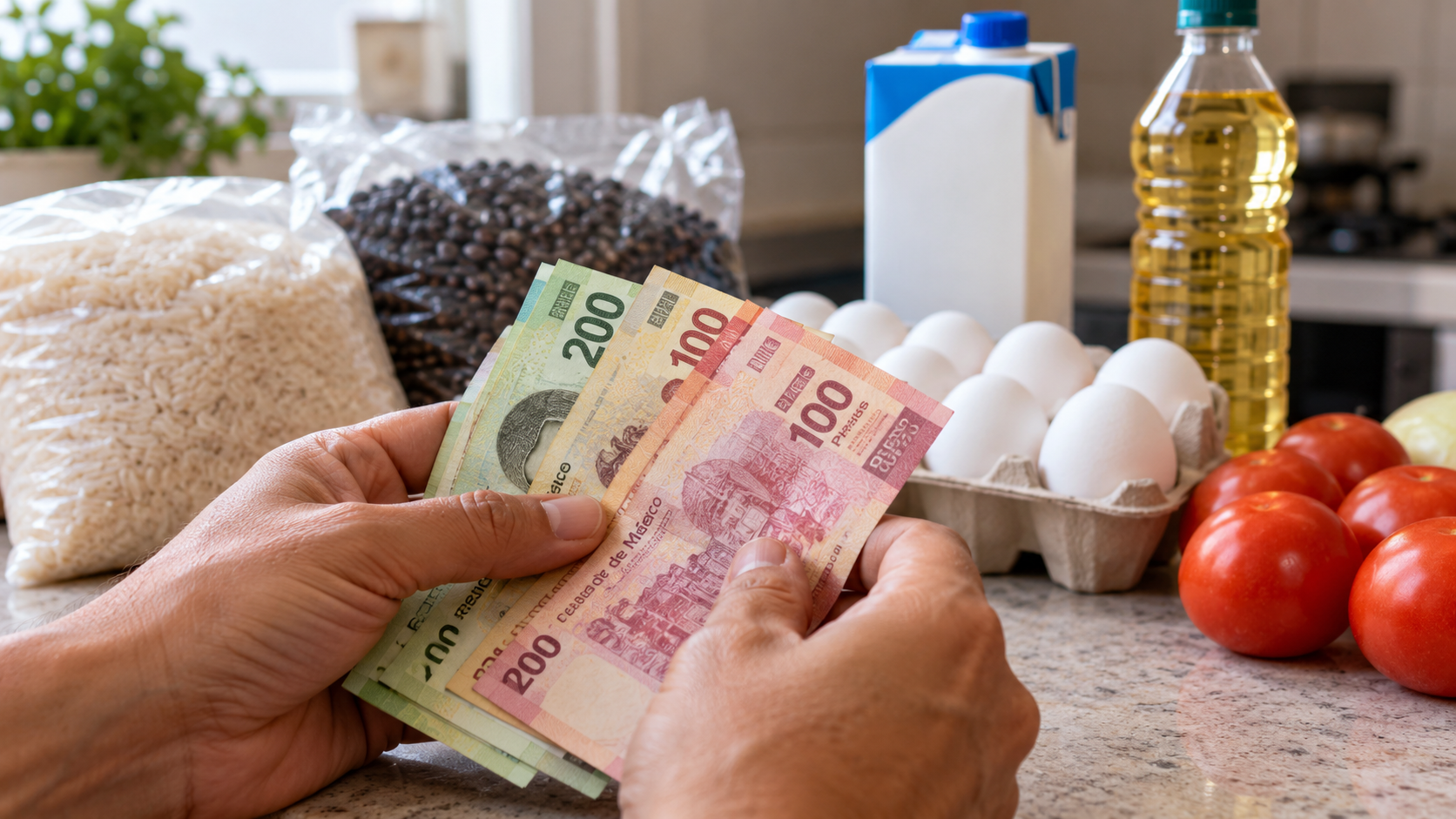 Manos contando billetes mexicanos frente a productos básicos como arroz, frijoles, leche y huevos.